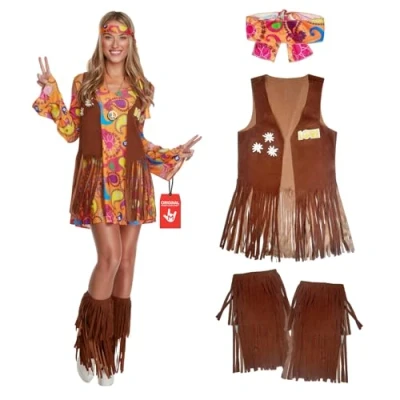 Abbildung von Morph Hippie Damen Kleid, Kostüm Hippie, Zeitreise Damen, Schlagermove Outfit 70er Mottoparty, Schlager L