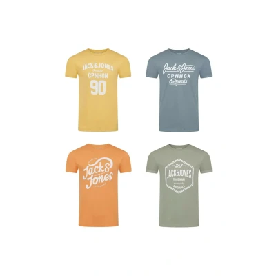 Abbildung von JACK &amp; JONES Tshirt Herren Regular Fit JJLINO 4er Pack Set Rundhals Kurzarm Sommer Tee Shirt Print, Größe:L, Farbe:Pack 4