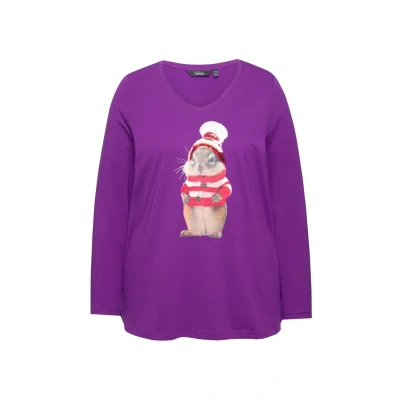Abbildung von Ulla Popken Christmas Squirrel Graphic Langarmshirt, Damen, Größe: 42/44, Dark purple