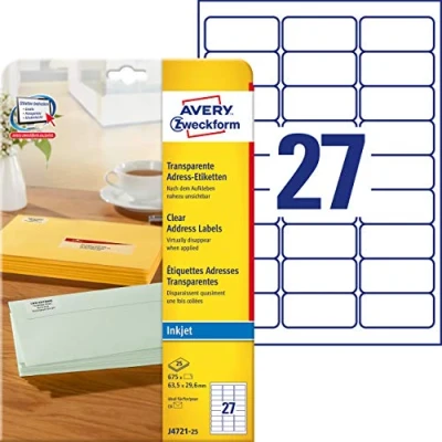 Abbildung von AVERY Zweckform J4721 25 Adressetiketten/Adressaufkleber (675 Etiketten, 63,5x29,6mm auf A4, bedruckbar, selbstklebend, für DIN C6 Briefkuverts, Polyesterfolie, Inkjet Drucker) Blatt, transparent