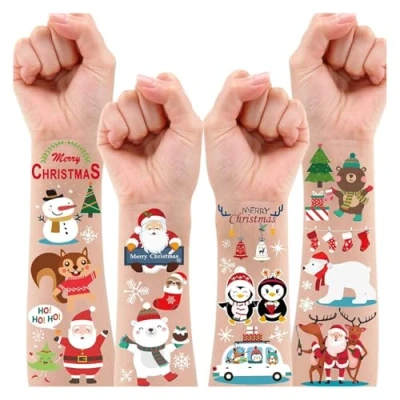 Abbildung von Leesgel Weihnachten Tattoo Kinder, Temporäre Tattoos, 6 Blatt Kindertattoos für Mitgebsel Kindergeburtstag Jungen Mädchen Geschenktüten Kinder Spielen Weihnachts Party Zubehör