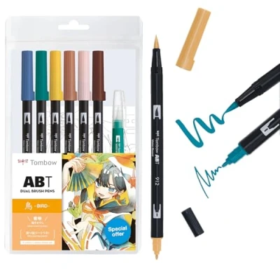 Abbildung von Tombow AB T6CBDQA Bleistift Pinselstift, Doppelpinsel, ABT, 6 Farben und Wasserpinsel Illustrationsset, Vögel