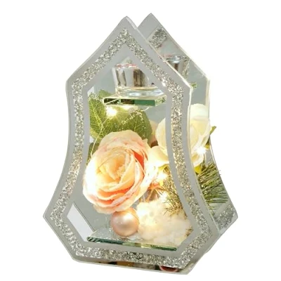 Abbildung von Teelichthalter aus Glas mit Kerze LED Licht Kunstblume Rose Tannenzweigen Weihnachtskugeln Kerzenhalter Deko Objekt Lampe Weihnachtsdeko Weihnachten Geschenk Dekoobjekt Ornamente 3D Bild