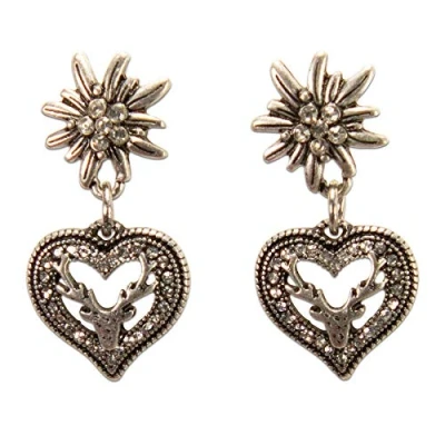 Abbildung von Alpenflüstern Trachten Ohrstecker Strass Edelweiß Strassherz Hirsch Damen Trachtenschmuck, Ohrringe (antik silber farben) DOR051