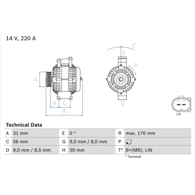 Abbildung von BOSCH 0 986 047 640 Lichtmaschine 14V 220A MERCEDES BENZ: ML Class, E Class Saloon, Vito Minibus
