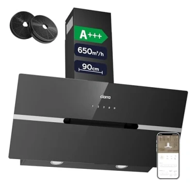 Abbildung von CIARRA CBCB9736F A+++ Dunstabzugshaube 90 cm Umluft Kopffreie Schräghaube 650m3/h automatisch Glasplatte Wi Fi App Touch Bedienung Booster Abluft mit CBCF003 Aktivkohlefilter 4 Stufen Schwarz