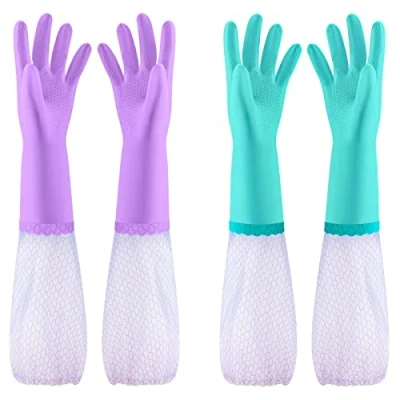 Abbildung von Elgood 2 Paar Wiederverwendbare Haushaltshandschuhe, latexfreie, mit Baumwolle gefütterte Putzhandschuhe, Gummihandschuhe für Küche, Geschirrspülen, Reinigen (Lila + Blau, Langarm, Größe M)