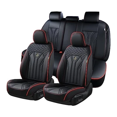 Abbildung von FLORICH Autositzbezüge Leder, Vorder und Rücksitzbezüge, 5 Stück, komplettes Set, universell passend für die meisten Autos, Limousinen, SUVs LKWs, schwarz