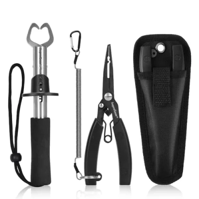 Abbildung von supregear Angelzangen Set, Edelstahl Angelhaken Entferner Multifunktions Angelschnurschneider mit Scheide und Aufgerolltem Lanyard Angelwerkzeug, Schwarz
