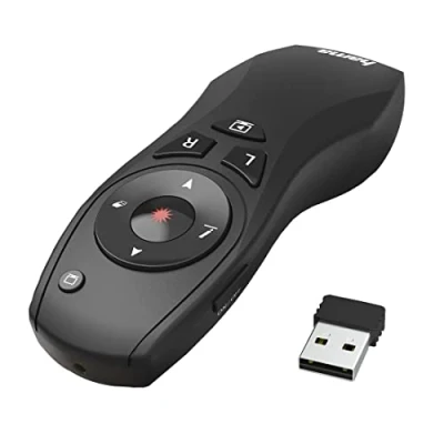 Abbildung von Hama Wireless Presenter roter Laserpointer, Air Maus, digitaler Stift (Fernbedienung Powerpoint Präsentation 15m Reichweite 2,4 GHz mit Lautstärkeregelung, Full Screen, Black inkl. Batterien)