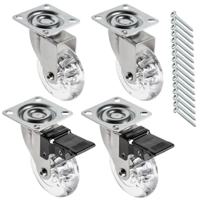 Abbildung von GTV Möbelrollen BRAZIL, Lenkrollen, 4 Stück set Rollen für Möbel: 2x mit Bremse, ohne aus Stahl und Gummi, +16 PanHead Schrauben 5x15/16, Durchmesser: 75 mm, Farbe: Transparent