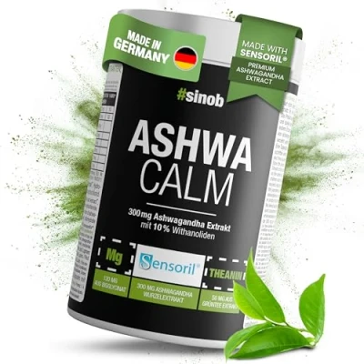 Abbildung von Ashwagandha Komplex Kapseln hochdosiert mit Magnesium, Vitamin B6 300mg Premium Extrakt Alternative zu Pulver Stress, Unruhe, Entspannung Made in Germany
