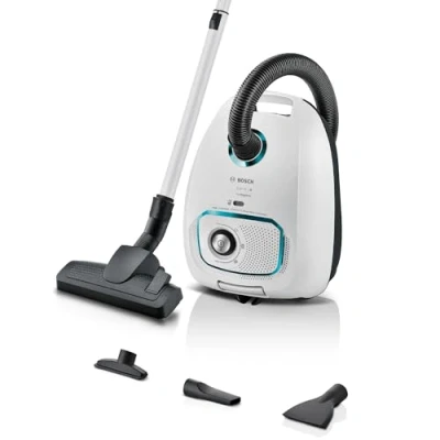 Abbildung von Bosch Staubsauger mit Beutel Serie 4 ProHygienic BGD41HYG, ideal für Allergiker, Hygiene Filter, 10 Jahre Motorgarantie, integriertes Zubehör, Matratzendüse, langes Kabel, Made in Germany, 600 W, weiß