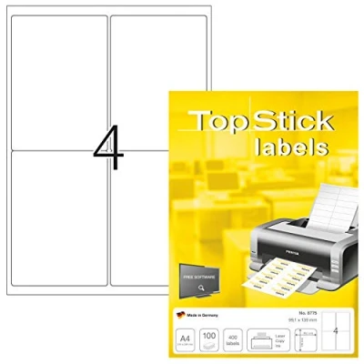 Abbildung von TopStick 8775 Universal Etiketten, 100 Blatt, 99,1 x 139 mm, 4 pro A4 Bogen, 400 Stück, selbstklebend, bedruckbar, matt, blanko Papier Klebeetiketten Aufkleber, weiß