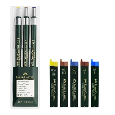 Abbildung von Faber Castell 136030 3er Set Druckbleistifte TK FINE 9760 Minenstärken: 0,35 mm; 0,5 mm + 0,7 mm, Schaftfarbe: grün Eco Bundle mit 5er Ersatzminen HB und B