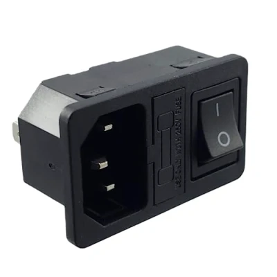 Abbildung von Kaltgeräte Steckverbinder Stecker C 14 mit schwarze Schalter und Sicherung 10A/250V