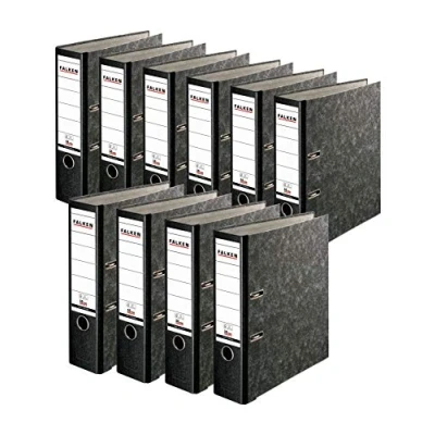 Abbildung von Original Falken 10er Pack Recycling Plus Ordner Wolkenmarmor. Made in Germany. 8 cm breit DIN A4 schwarzer Rücken mit Wechselfenster Ringordner Aktenordner Briefordner Büroordner Pappordner