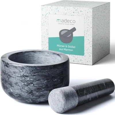 Abbildung von madeco Mörser mit Stößel Marmor Ø 14 cm Perfekt geeignet für Gewürze, Kräuter &amp; Nüsse Steinmörser Set praktischem Antirutsch Pad Design groß