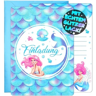 Abbildung von 12x GLITZER Meerjungfrau EINLADUNGSKARTEN KINDERGEBURTSTAG Mädchen Junge + Umschläge die Nixen PARTY Karten sind Einladung für Kinder GEBURTSTAG Mermaid