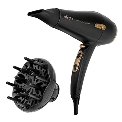 Abbildung von Ufesa Velvet Pro 2400 Haartrockner, Föhn,Professioneller ionischer Haartrockner mit W Wechselstrommotor 2 Geschwindigkeiten und 3 Temperaturen Soft Touch Oberfläche