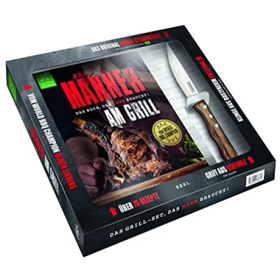 Abbildung von Männer am Grill Das Buch, Mann braucht!: Grillbuch im Set: Buch + hochwertiges Messer perfekte Geschenk für Männer! BBQ Rezepte