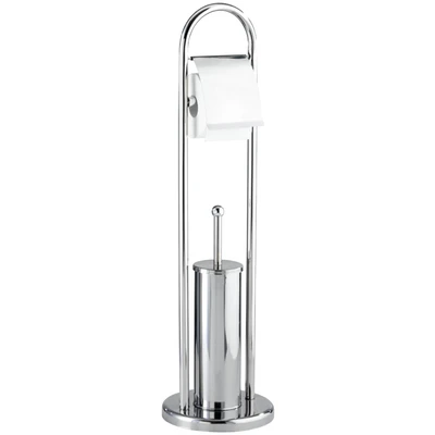 Abbildung von WENKO Stand WC Garnitur Mod. Vasto Edelstahl 2 in 1 Kombination Toilettenpapierhalter und Bürstenhalter mit massivem Standfuß glänzend Ø 22 x 81 cm