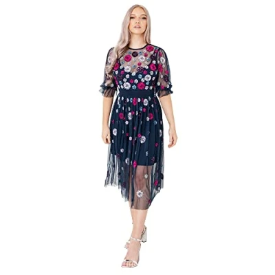 Abbildung von Maya Deluxe Damen Womens Ladies Dress Flower Sequin Embellishment 3/4 Puffed Sleeve High Waist Mesh Keyhole For Weddin Kleid, Navy, 44 EU