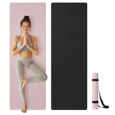 Abbildung von Navaris Yogamatte rutschfest 4mm Matte aus Naturkautschuk dünne Yoga Sportmatte Fitnessmatte mit Tragegurt 183 x 61 0,4 cm Fitness Gymnastikmatte Pink Schwarz
