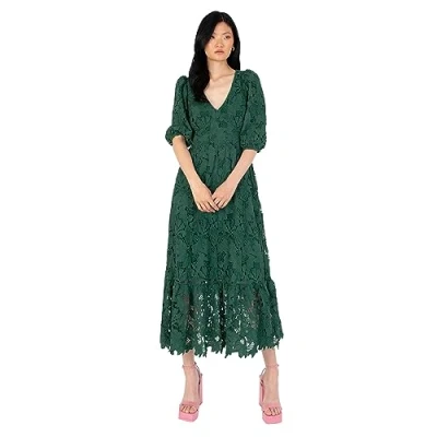 Abbildung von Maya Deluxe Damen Women&#039;s Midaxi Dress V Neckline Puff Sleeve Lace A line for Wedding Guest Bridesmaid Cocktail Prom Evening Occasion Kleid, Emerald Green, 34