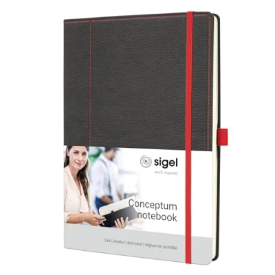 Abbildung von SIGEL CO694 Premium Notizbuch, Leder Look, dotted, ca. A4, grau, rot, Hardcover, 194 Seiten, aus nachhaltigem Papier, Conceptum mit Seitenzahlen, Inhaltsverzeichnis, Stiftschlaufe, Falttasche