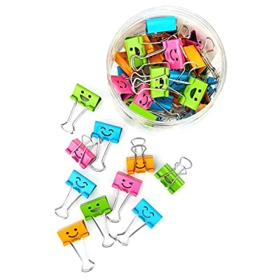 Abbildung von D.RECT Smiles Foldbackclips für Büro Foldback Klammern 48x 25mm, Vielzweckklammern Papier Metall Binder Clips Bürobedarf Notizen und Gewürzklammer Verpackung Büroklammern Bunt Gross
