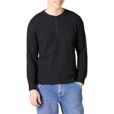 Abbildung von Amazon Essentials Herren Langärmeliges Waffel Henley, Schmale Passform, Schwarz, M