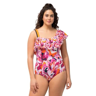 Abbildung von Ulla Popken Asymmetric Flounce Shoulder Badeanzug, Damen, Größe: 48, Champagne