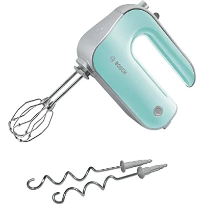 Abbildung von Bosch Handrührer Styline MFQ40302, 2 Rührbesen, Edelstahl Knethaken, spülmaschinengeeignet, 5 Stufen plus Turbostufe, 500 W, türkis/silber