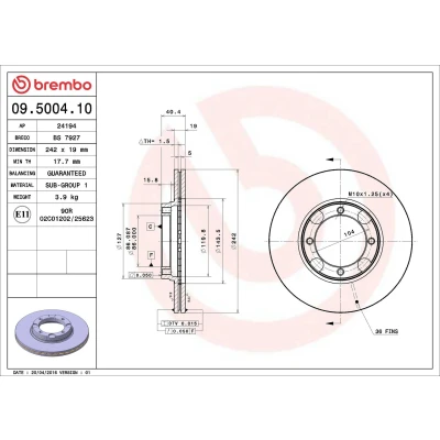 Abbildung von BREMBO 09.5004.10 Bremsscheibe 242 19 4 innenbelüftet