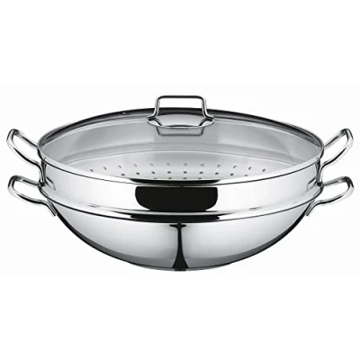 Abbildung von WMF Macao Wok Induktion 4 teilig, Pfanne 36 cm mit Glasdeckel, Ablagegitter, Dämpfereinsatz, Cromargan Edelstahl poliert, unbeschichtet