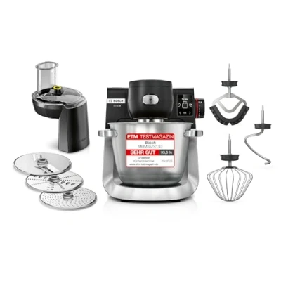 Abbildung von Bosch Küchenmaschine Serie 6 MUMS6ZS13D, NEU, Automatikprogramme, integr.1g Waage, 5,5l Schüssel, Durchlaufschnitzler, Scheiben, Knethaken/Rührbesen/Silikonbesen, spülm.fest, 1.600 W, silber/schwarz
