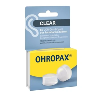 Abbildung von OHROPAX Clear Ohrstöpsel klare VOR Ohr Stöpsel aus formbarem Silikon besonders unauffällig für alle Ohren geeignet Schalldämmwert SNR 23 dB Freizeit, zum Lernen oder Entspannen 6 Stück