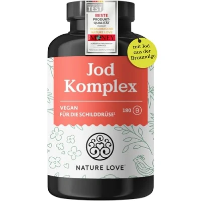Abbildung von NATURE LOVE® Jod Komplex für die Schilddrüse 180 Kapseln mit Jod, Selen, L Tyrosin, Vitamin B &amp; D natürliches aus Braunalgen (Kelp) 6 Monate Reichweite hochdosiert, vegan laborgeprüft