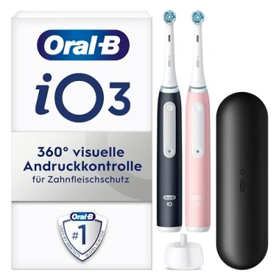 Abbildung von Oral B iO Series 3 Elektrische Zahnbürste/Electric Toothbrush, Doppelpack, 2 Aufsteckbürsten, Putzmodi für Zahnpflege, Magnet Technologie, Reiseetui, Designed by Braun, matt black/blush pink