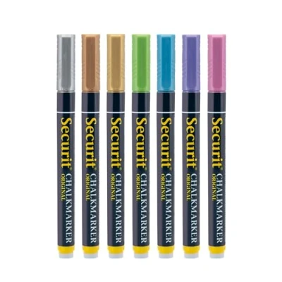Abbildung von Securit Kreidemarker Set Metallic, Mehrfarbig, Grün/Blau/Violett/Pink/Braun/Gold/Silber; 7 Stück, kleine 1 2 mm Feder BL SMA100 V7 MT