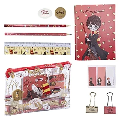 Abbildung von Harry Potter Briefpapier Set, Einschließlich Bleistifte, Lineal, A6 Notizbuch, Radiergummi, Anspitzer, Haftnotizen, Clips, Federmäppchen, Schulset
