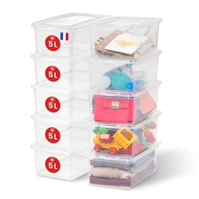 Abbildung von Iris Ohyama Vielseitige Aufbewahrungsboxen, 5L, 10er Set, Transparent, Deckel leicht schließbar, Stapelbar, Für Schrank, Regale, Klassenzimmer, Organisation, Spielzeug, Kunstbedarf, Schuhe, CNL 5