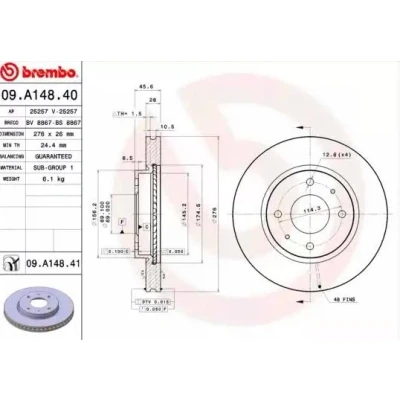 Abbildung von BREMBO COATED DISC LINE 09.A148.41 Bremsscheibe 276 26 4 innenbelüftet beschichtet MITSUBISHI: Lancer 7 Limousine, GALANT 6,