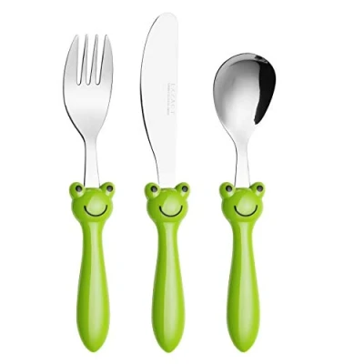 Abbildung von EXZACT Kinderbesteck 3 teiliges aus rostfreiem stahl/spülmaschinengeeignet Kinderbesteckset 1 x Gabeln, Menuemesser, Abendessen Löffel (Frosch 3)