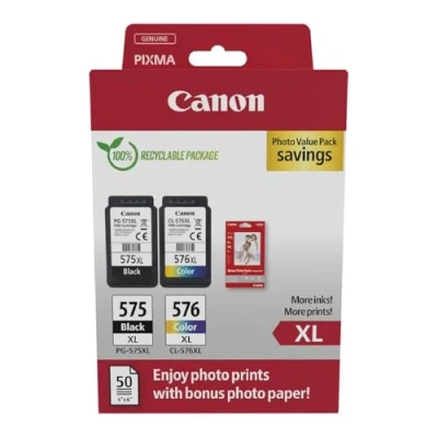 Abbildung von Canon Originaltinte PG 575XL/CL 576XL (2 Tintenpatronen; Schwarz+Farbe) Photo Value Pack (inkl. Fotopapier GP 501 50 Blatt 10x15cm)
