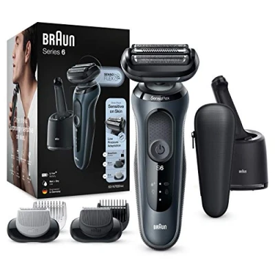 Abbildung von Braun Series 6cc Sensitiver Rasierer Herren, Elektrorasierer für Haarentfernung mit 3 flexiblen Klingen, Barttrimmer, Bodygroomer, Reinigungsstation,EasyClick Aufsätze, Wet&amp;Dry, N7650cc, grau