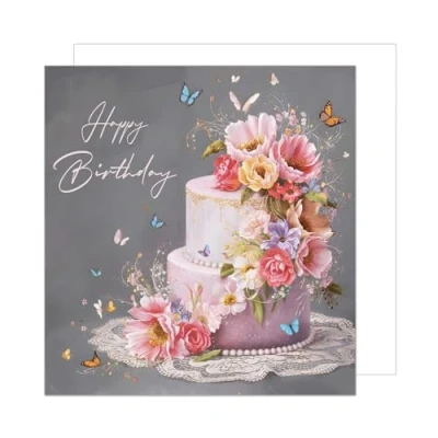 Abbildung von Edition Seidel Premium quadratische Geburtstagskarte mit Umschlag. Glückwunschkarte Happy Birthday Billet Karte für Frau Freundin rosa Torte Blumen Schmetterlinge (GQ288 SW024)