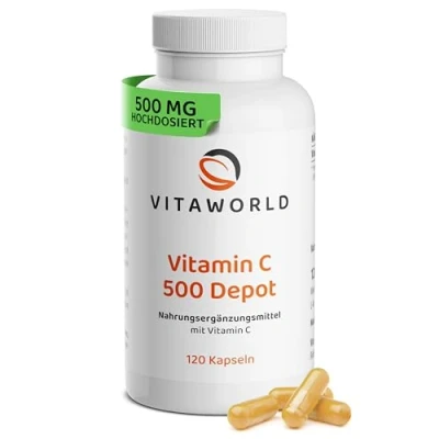 Abbildung von vitaworld Vitamin C 500 Depot, Mit Langzeitwirkung, Hoch dosiert 1 Kapsel deckt 625% des Tagesbedarfs an C, mg, Vegan, 120 Kapseln