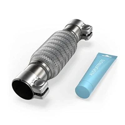 Abbildung von Flexrohr Universal Flexstück Wellrohr Hosenrohr Flexibles Rohr Edelstahl Interlock Ø50 x 200 300mm mit 2 Schellen und Auspuff Kitt. Einbau ohne Schweißen